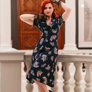 Seamstress of Bloomsbury 12 Navy Blue Floral Dress 1940s Vintage Retro WW2